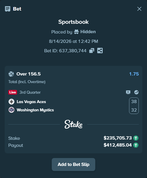 Bet slip: Las Vegas Aces - Washington Mystics, $235,941.44 stake at 1.75 odds, placed by Hidden