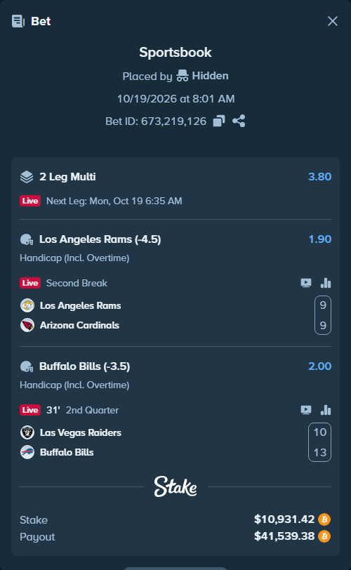 Bet slip: Las Vegas Raiders - Buffalo Bills, $11,171.36 stake at 2.00 odds, placed by Hidden