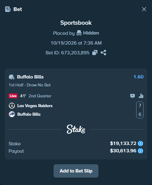 Bet slip: Las Vegas Raiders - Buffalo Bills, $19,133.72 stake at 1.60 odds, placed by Hidden