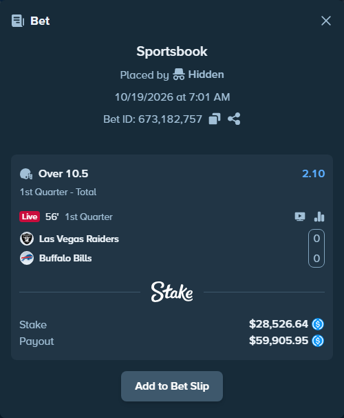 Bet slip: Las Vegas Raiders - Buffalo Bills, $28,526.64 stake at 2.10 odds, placed by Hidden