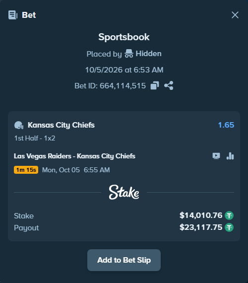 Bet slip: Las Vegas Raiders - Kansas City Chiefs, $14,010.76 stake at 1.65 odds, placed by oscardv1981