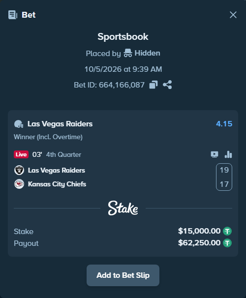 Bet slip: Las Vegas Raiders - Kansas City Chiefs, $15,000.00 stake at 4.15 odds, placed by mainTerafit