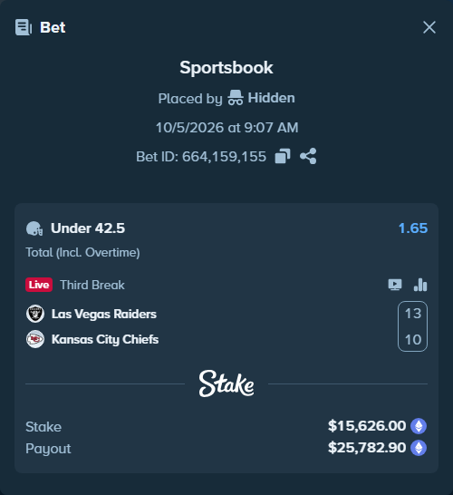 Bet slip: Las Vegas Raiders - Kansas City Chiefs, $15,606.85 stake at 1.65 odds, placed by Jollysea