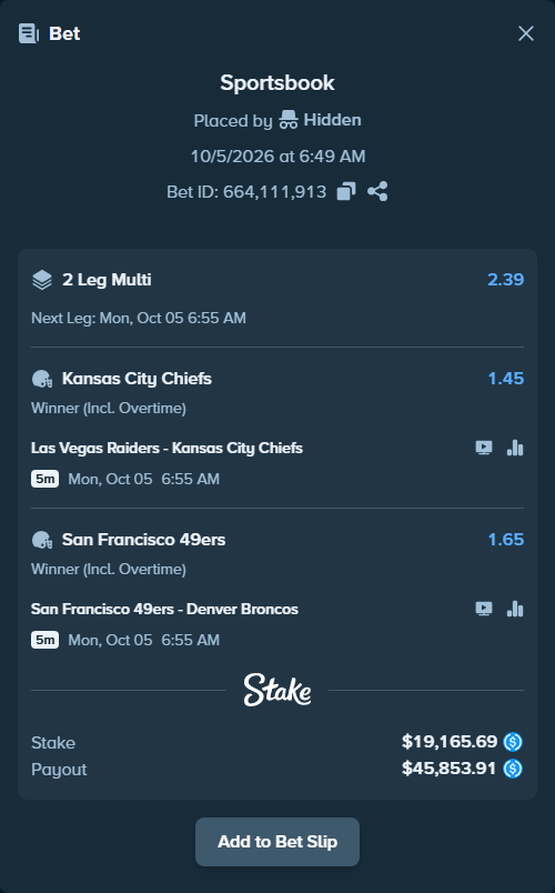 Bet slip: Las Vegas Raiders - Kansas City Chiefs, $19,165.69 stake at 1.45 odds, placed by Bigfoltz