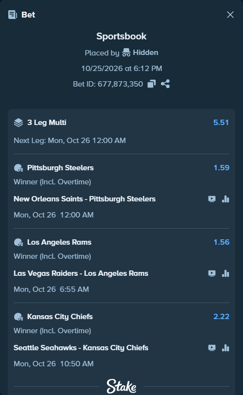 Bet slip: Las Vegas Raiders - Los Angeles Rams, $80,749.04 stake at 1.56 odds, placed by Hidden