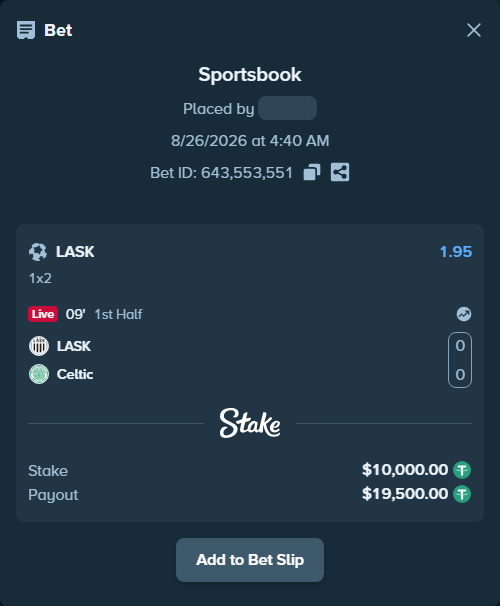 Bet slip: LASK Linz - Celtic, $10,000.00 stake at 1.95 odds, placed by Jason8765