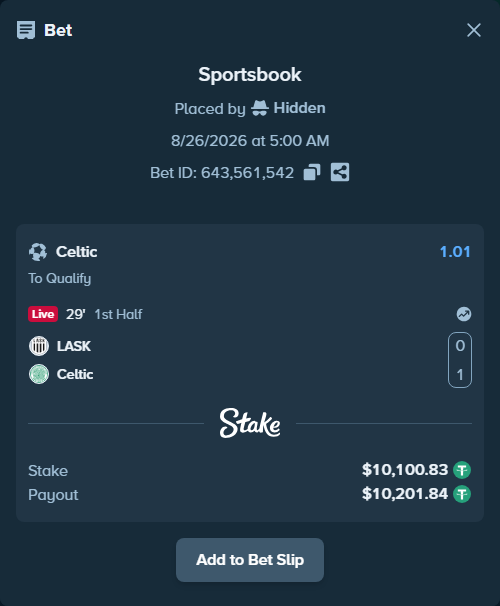 Bet slip: LASK Linz - Celtic, $10,100.83 stake at 1.01 odds, placed by Hidden
