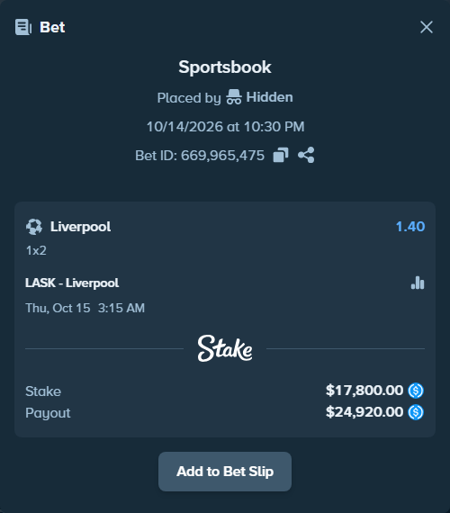 Bet slip: LASK Linz - Liverpool, $17,800.00 stake at 1.40 odds, placed by LinnPersonal