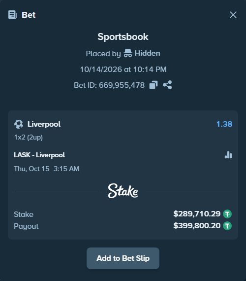 Bet slip: LASK Linz - Liverpool, $290,000.00 stake at 1.38 odds, placed by Oen1