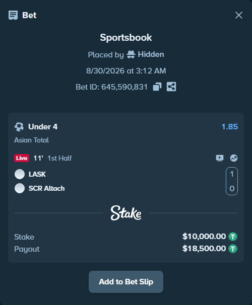 Bet slip: LASK Linz - SCR Altach, $10,000.00 stake at 1.85 odds, placed by Hidden