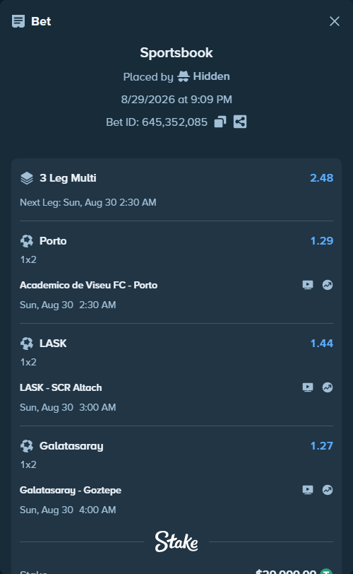 Bet slip: LASK Linz - SCR Altach, $20,000.00 stake at 1.44 odds, placed by Hidden