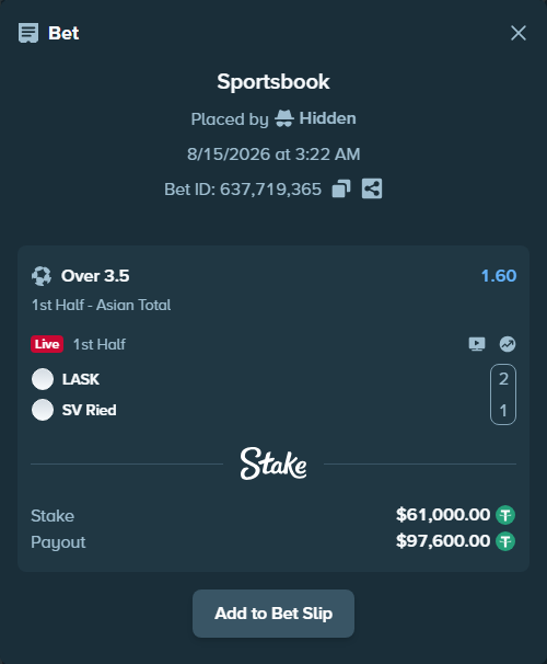 Bet slip: LASK Linz - SV Ried, $61,061.00 stake at 1.60 odds, placed by Hidden