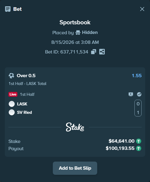 Bet slip: LASK Linz - SV Ried, $64,705.64 stake at 1.55 odds, placed by Hidden