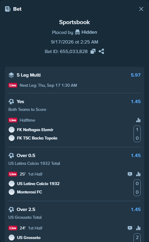 Bet slip: Latina Calcio - Guidonia Montecelio 1937 FC, $24,034.39 stake at 1.45 odds, placed by Hidden