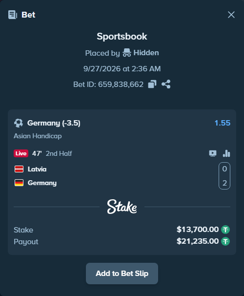 Bet slip: Latvia - Germany, $13,700.00 stake at 1.55 odds, placed by tlwns4736