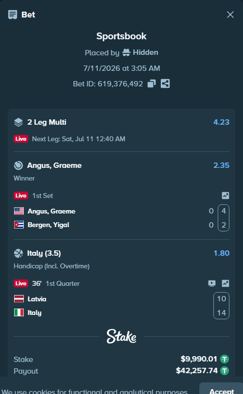 Bet slip: Latvia - Italy, $10,000.00 stake at 1.80 odds, placed by Hidden