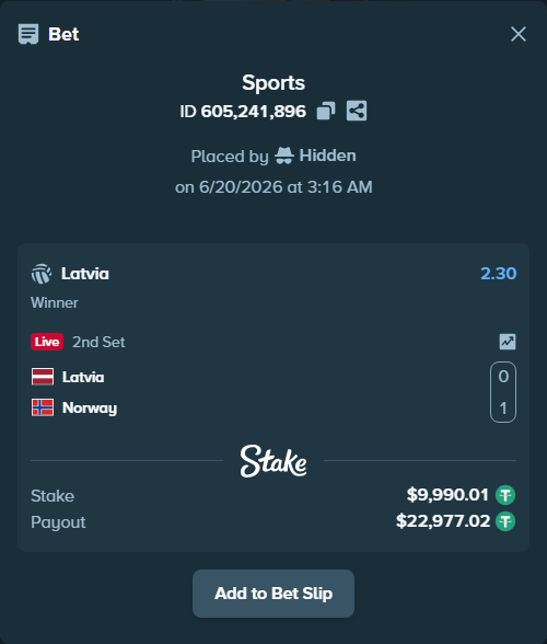 Bet slip: Latvia - Norway, $10,000.00 stake at 2.30 odds, placed by Hidden