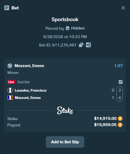Bet slip: Laundes, Francisca - Mazzoni, Emma, $15,494.53 stake at 1.07 odds, placed by Hidden