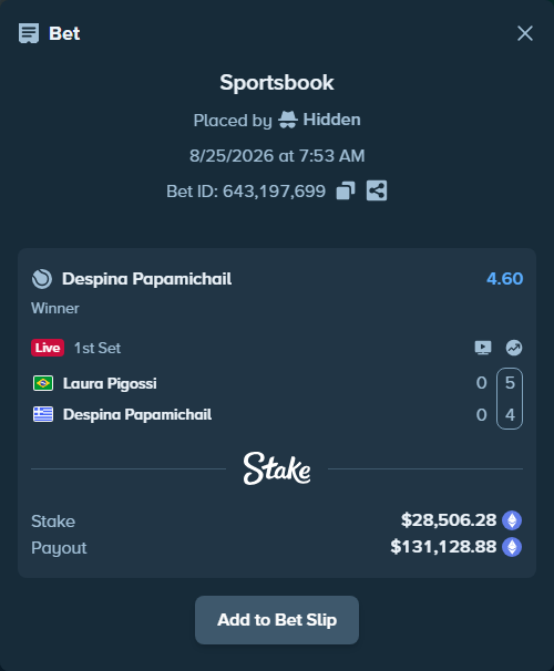 Bet slip: Laura Pigossi - Despina Papamichail, $28,444.49 stake at 4.60 odds, placed by Hidden