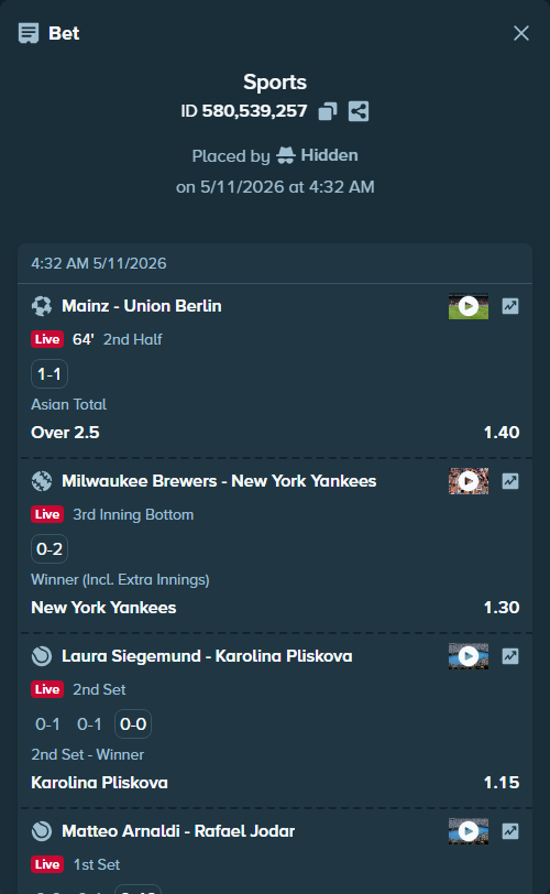 Bet slip: Laura Siegemund - Karolina Pliskova, $15,128.00 stake at 1.15 odds, placed by Hidden