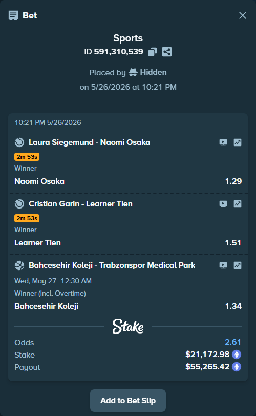 Bet slip: Laura Siegemund - Naomi Osaka, $17,343.20 stake at 1.29 odds, placed by Hidden