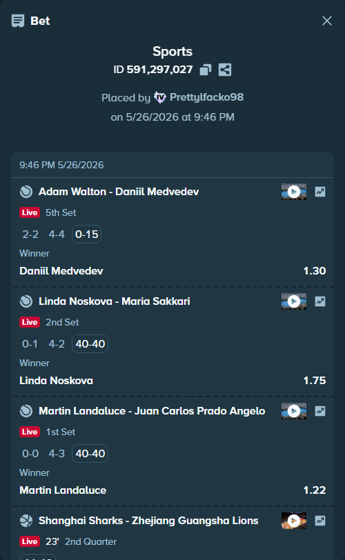 Bet slip: Laura Siegemund - Naomi Osaka, $19,788.60 stake at 1.29 odds, placed by Prettylfacko98