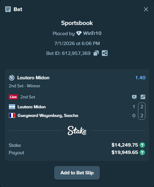 Bet slip: Lautaro Midon - Gueymard Wayenburg, Sascha, $14,264.00 stake at 1.40 odds, placed by WinTr10