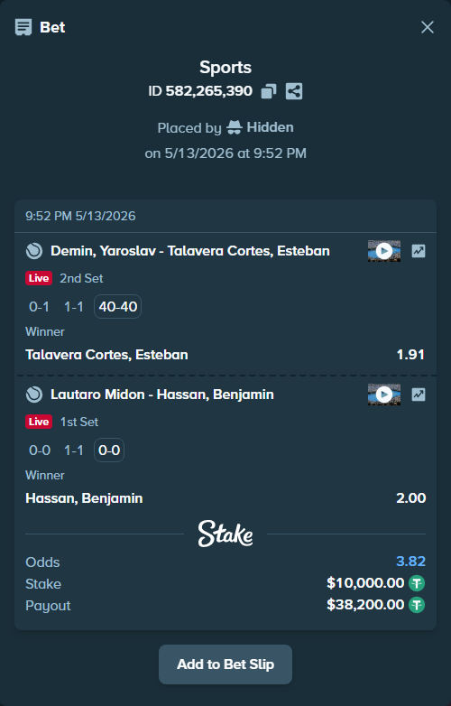 Bet slip: Lautaro Midon - Hassan, Benjamin, $10,000.00 stake at 2.00 odds, placed by Hidden