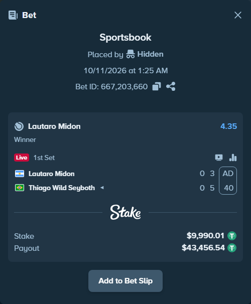 Bet slip: Lautaro Midon - Thiago Wild Seyboth, $10,000.00 stake at 4.35 odds, placed by Hidden