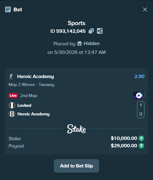 Bet slip: Lavked - Heroic Academy, $10,010.00 stake at 2.90 odds, placed by Hidden