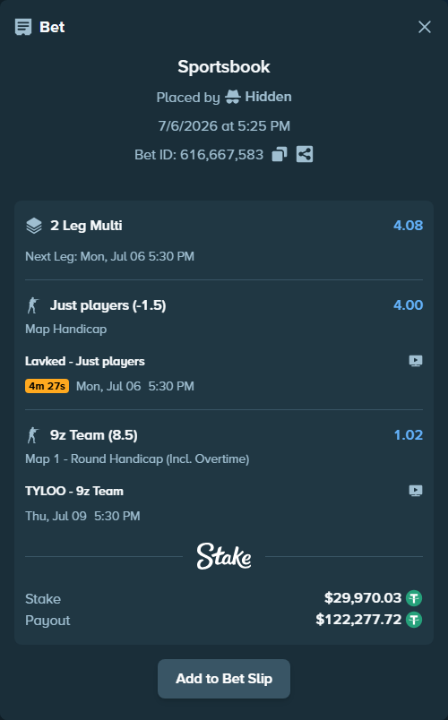 Bet slip: Lavked - Just players, $30,000.00 stake at 4.00 odds, placed by Hidden