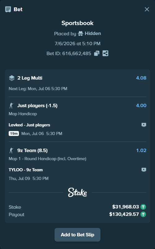 Bet slip: Lavked - Just players, $32,000.00 stake at 4.00 odds, placed by Hidden