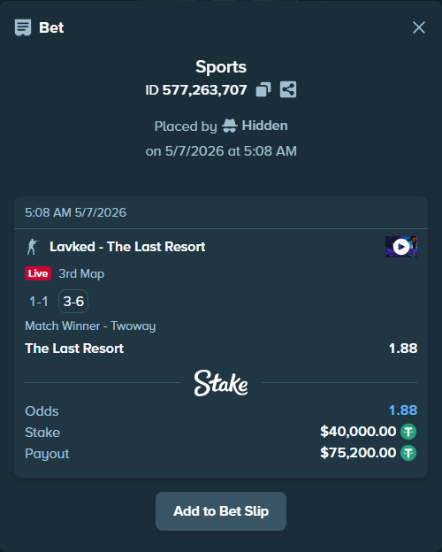 Bet slip: Lavked - The Last Resort, $40,000.00 stake at 1.88 odds, placed by Hidden