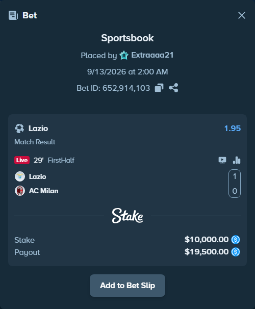 Bet slip: Lazio - AC Milan, $10,000.00 stake at 1.95 odds, placed by Extraaaa21