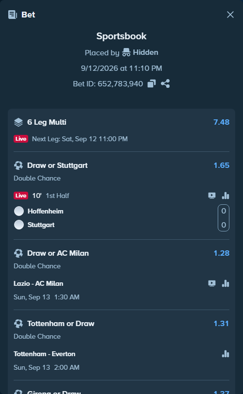 Bet slip: Lazio - AC Milan, $150,000.00 stake at 1.28 odds, placed by Hidden
