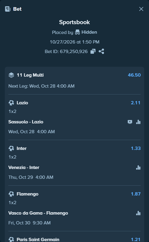 Bet slip: Lazio - Cagliari, $21,531.51 stake at 1.53 odds, placed by Hidden