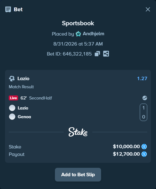Bet slip: Lazio - Genoa, $10,000.00 stake at 1.27 odds, placed by Andhjelm
