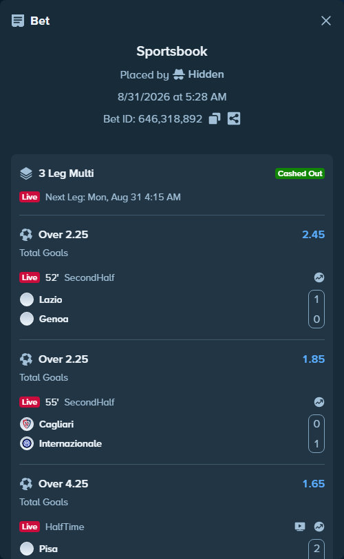 Bet slip: Lazio - Genoa, $25,241.38 stake at 2.45 odds, placed by Hidden