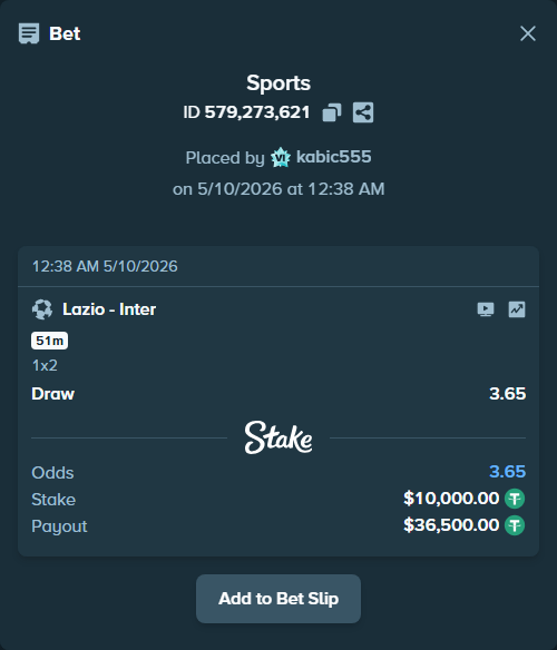 Bet slip: Lazio - Inter, $10,000.00 stake at 3.65 odds, placed by kabic555