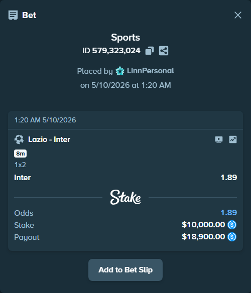 Bet slip: Lazio - Inter, $10,000.00 stake at 1.89 odds, placed by LinnPersonal