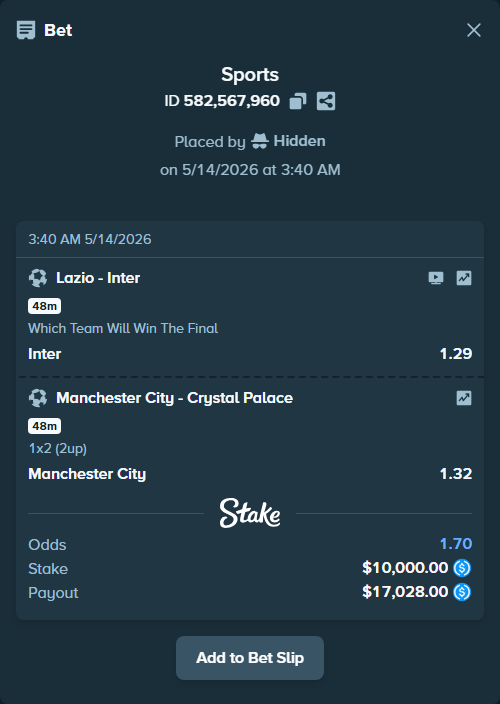 Bet slip: Lazio - Inter, $10,000.00 stake at 1.29 odds, placed by Hidden