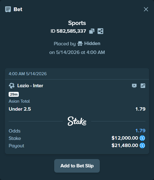 Bet slip: Lazio - Inter, $12,000.00 stake at 1.79 odds, placed by Hidden
