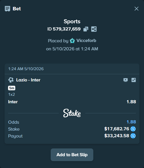 Bet slip: Lazio - Inter, $17,682.76 stake at 1.88 odds, placed by Vicceforb