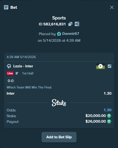Bet slip: Lazio - Inter, $20,000.00 stake at 1.30 odds, placed by Danmir67