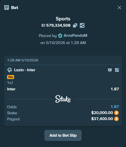 Bet slip: Lazio - Inter, $15,937.84 stake at 1.87 odds, placed by ArvaPandaM