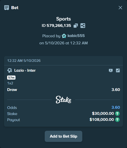 Bet slip: Lazio - Inter, $30,000.00 stake at 3.60 odds, placed by kabic555