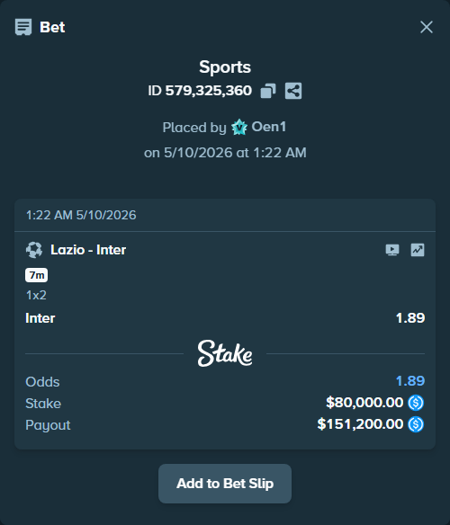 Bet slip: Lazio - Inter, $80,000.00 stake at 1.89 odds, placed by Oen1