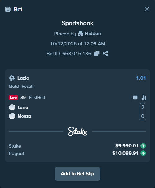 Bet slip: Lazio - Monza, $10,000.00 stake at 1.01 odds, placed by 365028219