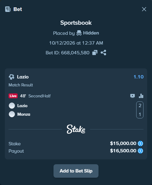 Bet slip: Lazio - Monza, $15,000.00 stake at 1.10 odds, placed by olavandr