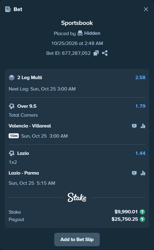 Bet slip: Lazio - Parma, $10,000.00 stake at 1.44 odds, placed by Agus1033